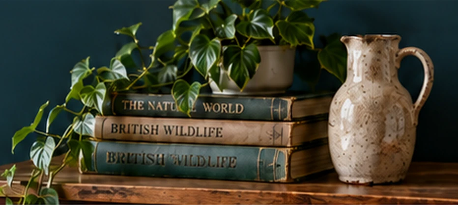 Old natural history books, a trailing plant and a speckled stoneware jug on a wooden table